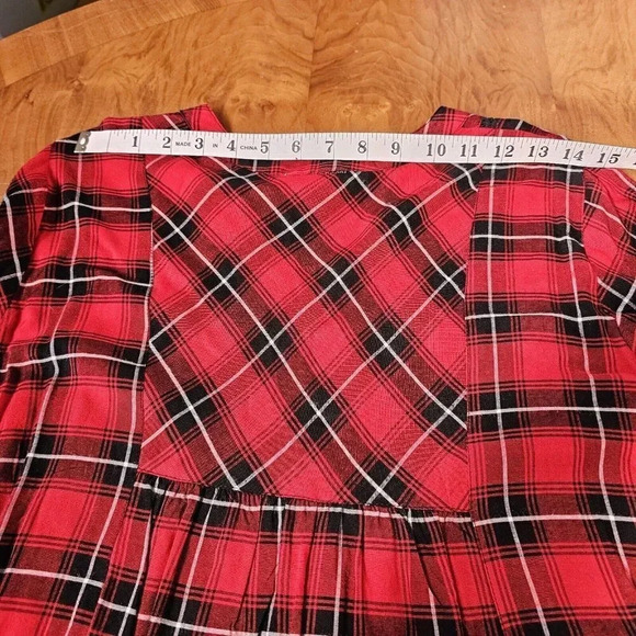 Lola P. Women’s L Boho Peasant Plaid Lace Trimmed Bell Sleeve Tunic Relaxed NWT - Picture 11 of 14